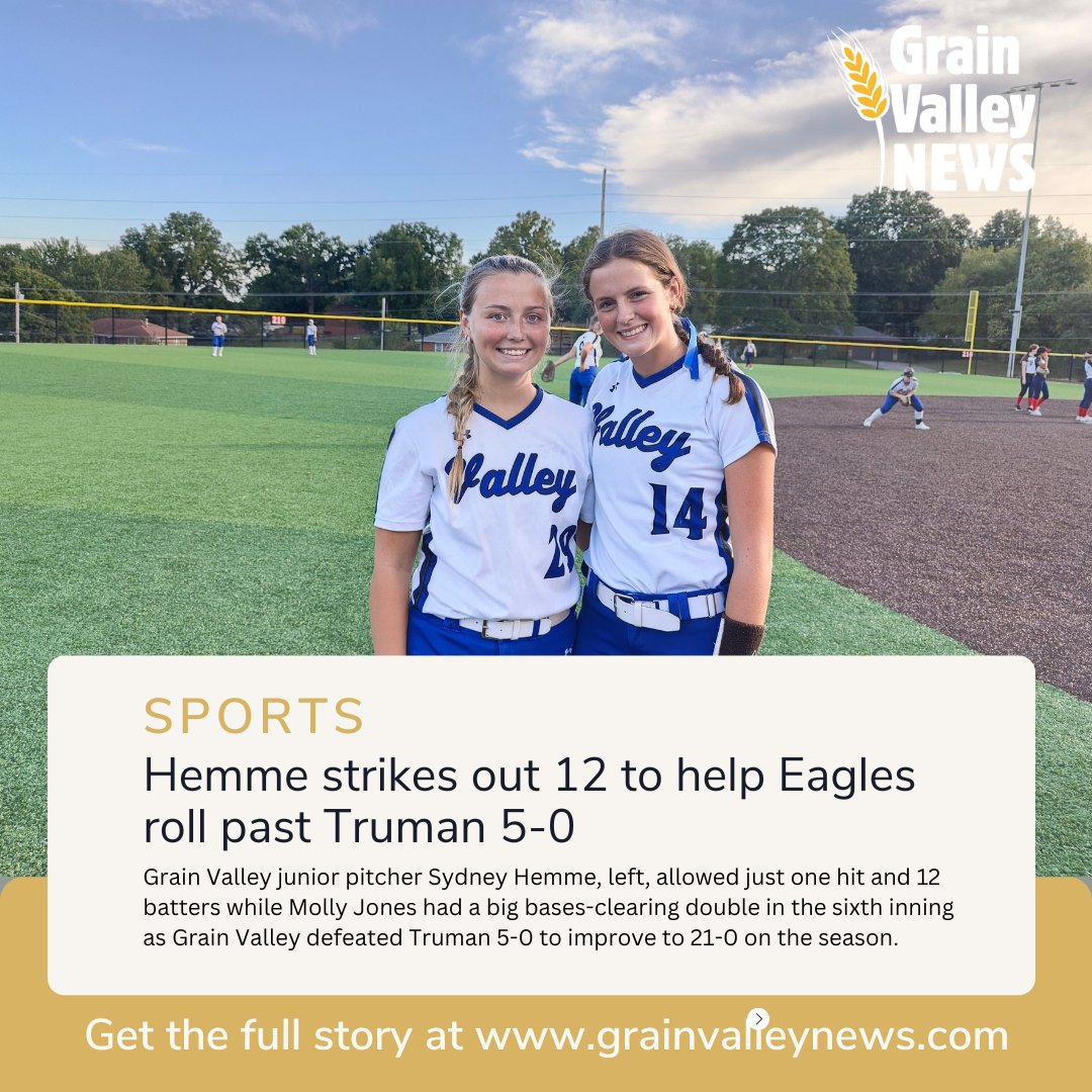 In Sports: ​Hemme strikes out 12 to help Eagles roll past Truman 5-0

grainvalleynews.com/news/hemme-str…

Story and photo by <a href="/MSmith2324/">Michael Edward</a> 

Sports coverage is sponsored by <a href="/GV_sportscards/">Valley Sports Cards</a>