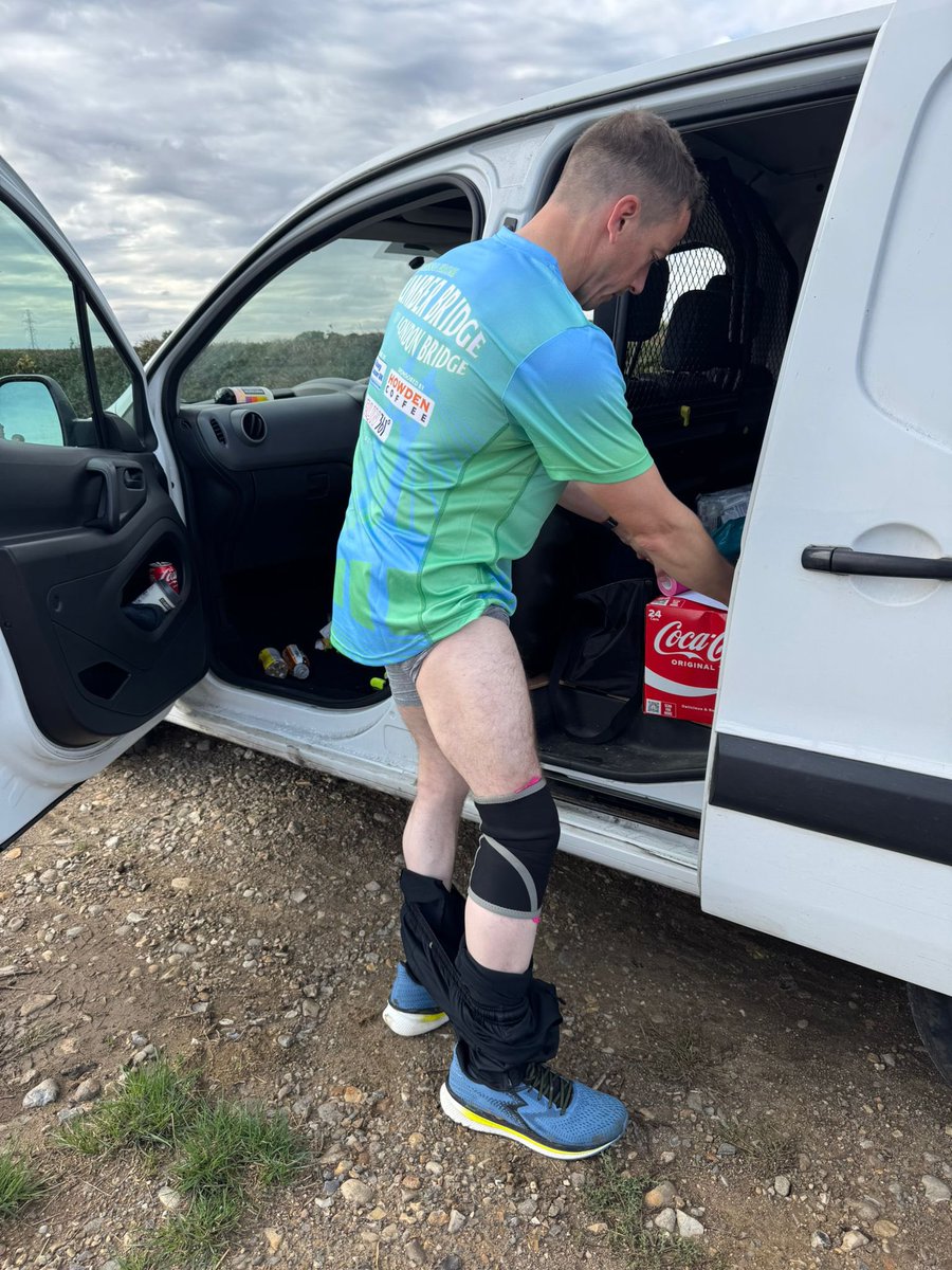 howdencoffee's tweet photo. A day of attempting to patch myself up on the go. No easy task but these miles won’t run themselves. Halfway along  bridge to bridge challenge for @kidneycanceruk Anyone of a nervous disposition please be aware that there is a pic with my legs out. viewer discretion advised 🫣🏃 https://t.co/k7pa4lktEx