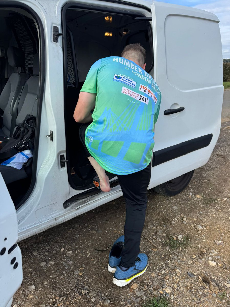 howdencoffee's tweet photo. A day of attempting to patch myself up on the go. No easy task but these miles won’t run themselves. Halfway along  bridge to bridge challenge for @kidneycanceruk Anyone of a nervous disposition please be aware that there is a pic with my legs out. viewer discretion advised 🫣🏃 https://t.co/k7pa4lktEx