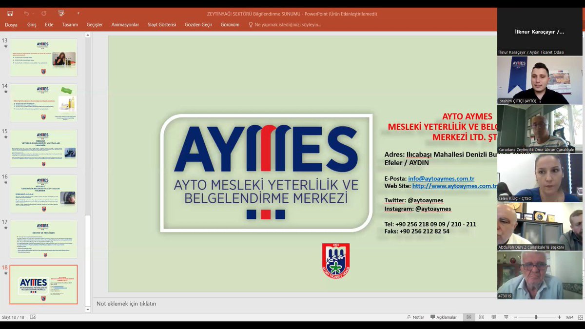 AYMES Mesleki Yeterlilik ve Belgelendirme Merkezi, Çanakkale Ticaret ve Sanayi Odası Üyesi zeytinyağı firmaları için düzenlediği toplantıda Zeytinyağı ve Bitkisel Yağ Sektöründe Mesleki Yeterlilik Belgesi Zorunluluğu hakkında bilgilendirmelerde bulundu