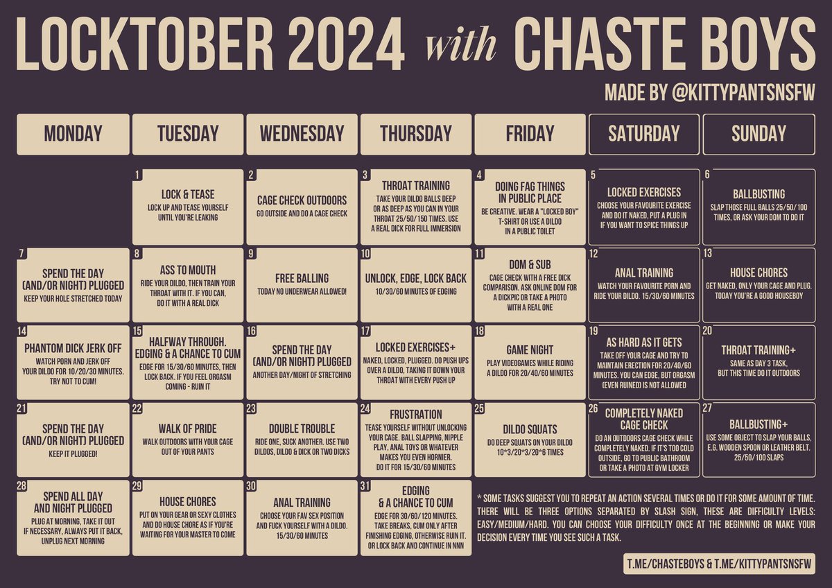 cagedjock's tweet photo. An excellent chastity calendar celebrating Locktober 2024. Love the creativity of this calendar which each day is filled with an exciting task. If you complete every task you should earn a reward - all depending on the twisted mind of your owner 😈

Work with your Dom to complete the calendar, do it with your bottom buddies or simply do it on your own. 

Made by @kittypantsNSFW
