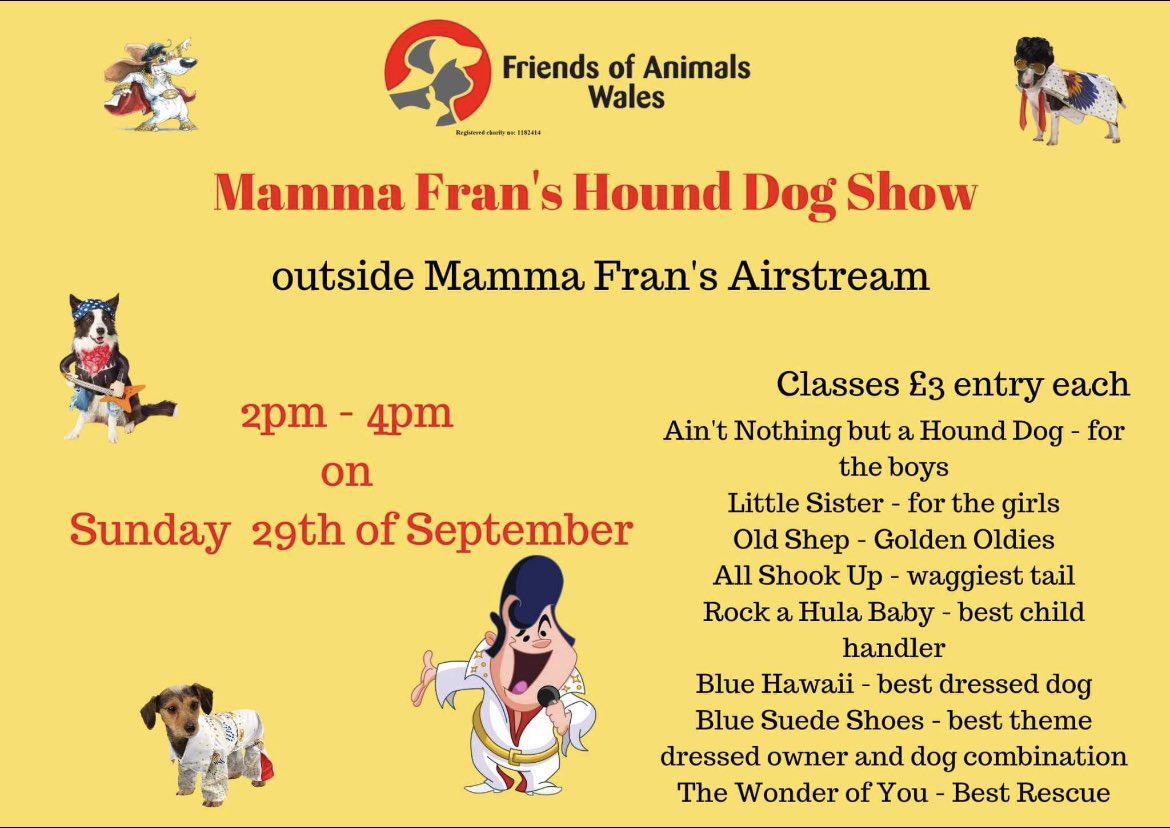 FOAWales's tweet photo. Why not join us on Saturday and/or Sunday for our Fun Elvis Themed Dog Shows in Porthcawl. https://t.co/V48N04OutQ