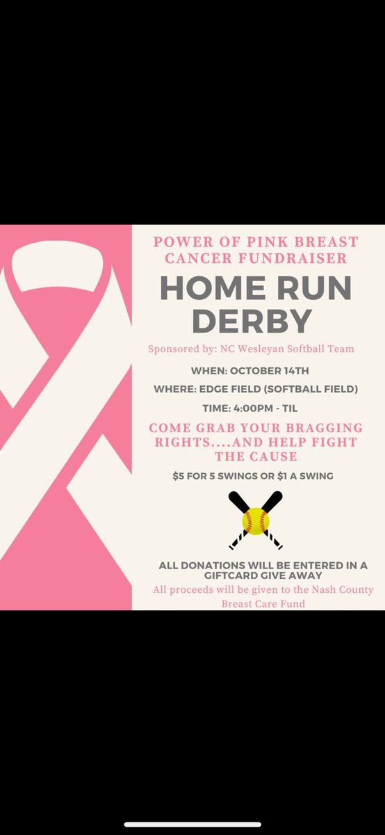 Join us for our Home Run Derby benefiting the Nash County Breast Cancer Foundation! 💗

All students, faculty, and staff are invited to swing for a cause! Let’s hit some homeruns and raise awareness for breast cancer. #RollShops