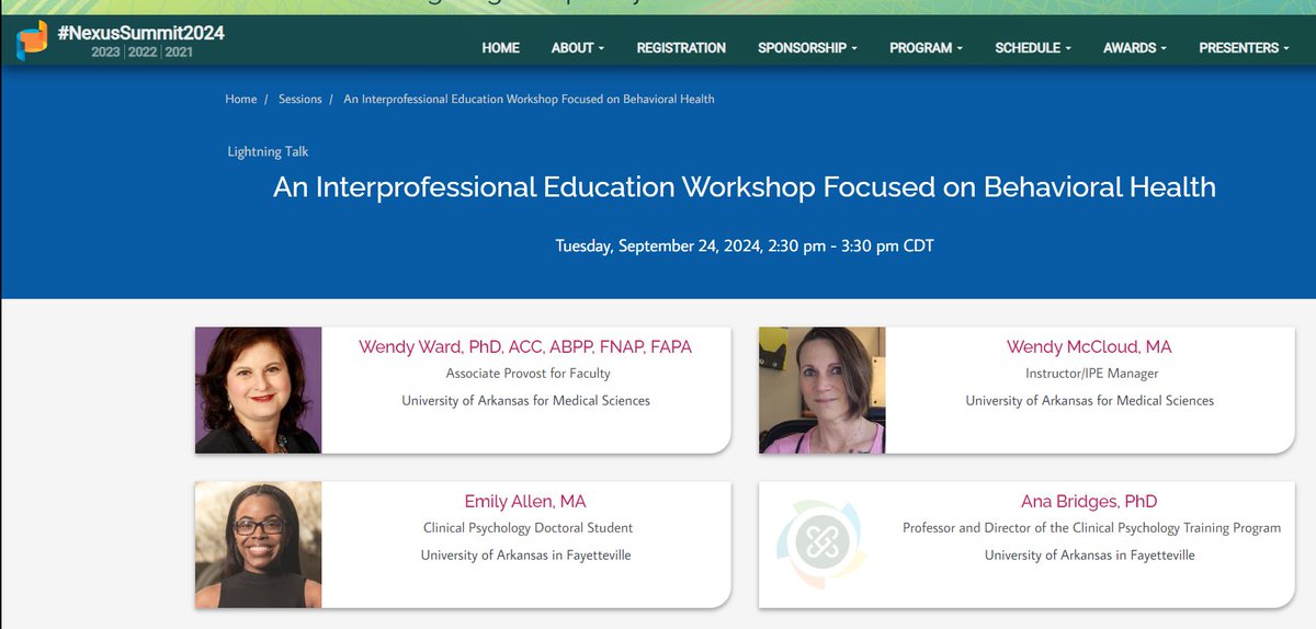 UAMS_IPE (@uamsipe) on Twitter photo Another fabulous showing by #TeamIPE at the #NexusSummit2024! Love our partnership with the great Clinical Psychology groups <a href="/UofA_System/">University of Arkansas System</a>
<a href="/uamshealth/">UAMS Health</a> <a href="/Wardwendy/">Wendy L Ward, PhD, ABPP, FAPA</a> <a href="/K_DickinsonMD/">Karen Dickinson</a> <a href="/kkneill/">Kathryn Neill</a> Another fabulous showing by #TeamIPE at the #NexusSummit2024! Love our partnership with the great Clinical Psychology groups <a href="/UofA_System/">University of Arkansas System</a>
<a href="/uamshealth/">UAMS Health</a> <a href="/Wardwendy/">Wendy L Ward, PhD, ABPP, FAPA</a> <a href="/K_DickinsonMD/">Karen Dickinson</a> <a href="/kkneill/">Kathryn Neill</a>