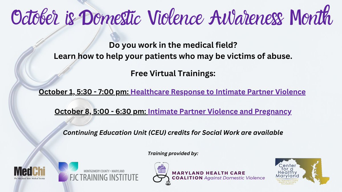 Calling all health care professionals! Come learn how to screen and assistant patients who may be dealing with domestic violence. Free trainings on October 1st and October 8th. Registration links at linktr.ee/mocodvcc