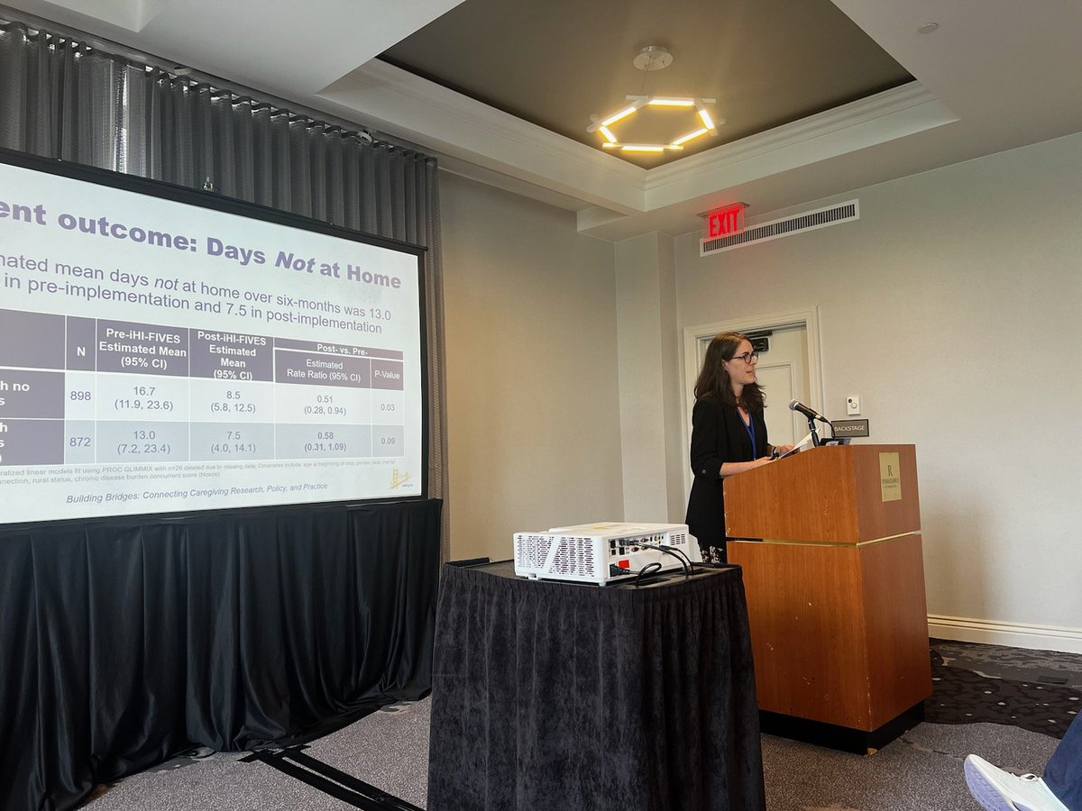 PittCaregiving's tweet photo. Kasey Decosimo from Durham VA. iHI-FIVES CG skills training program decreases number of "not at home" days (e.g. due to ED/hospital/SNF visits).  Intervention is now being deployed in all VAs. #BBPgh24 https://t.co/9sSz1wllBG