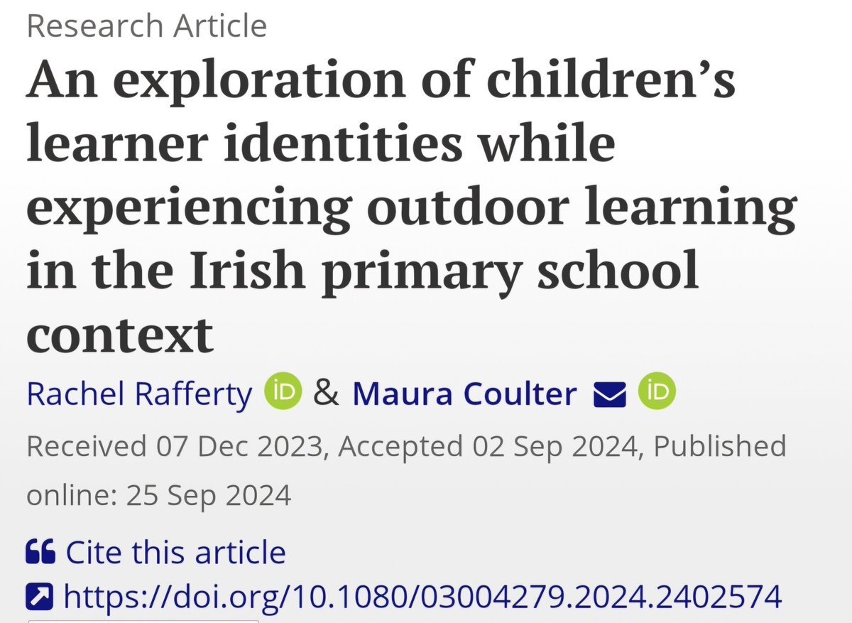 Rachel Rafferty (@rachelraff1) on Twitter photo 🌳New Outdoor Learning Publication🌳
Delighted to have this paper published from my research about #outdoorlearning and children's #learneridentity
<a href="/MauraCoulter6/">Maura Coulter</a> and I have 50 free copies 👇
tandfonline.com/eprint/XHJHQRY… 🌳New Outdoor Learning Publication🌳
Delighted to have this paper published from my research about #outdoorlearning and children's #learneridentity
<a href="/MauraCoulter6/">Maura Coulter</a> and I have 50 free copies 👇
tandfonline.com/eprint/XHJHQRY…