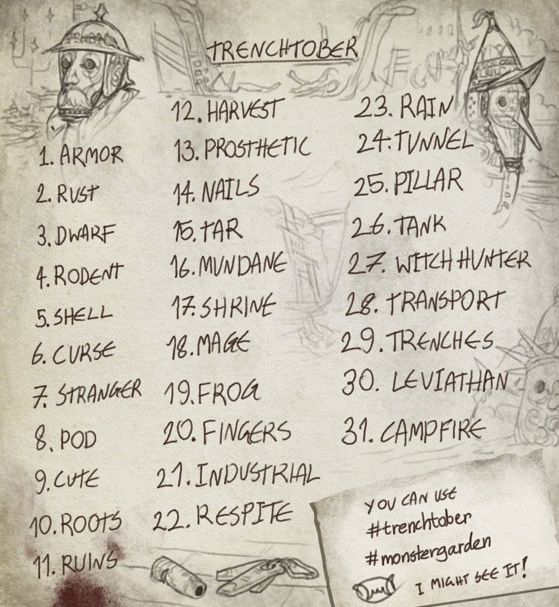 here are the prompts for this years Trenchtober! i added a few things to make it look a little nicer to set the mood. up to you if you wanna join and we will set up chats  in the discord to post your daily submissions  same as last year. happy drawing!