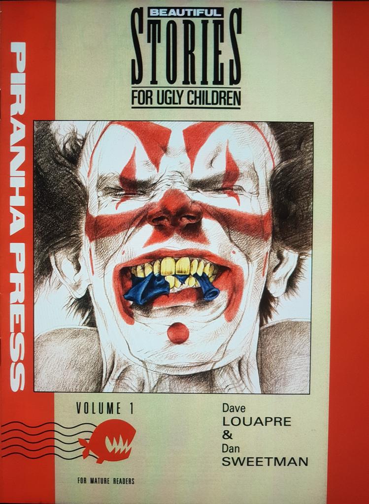 ScarredForLife2's tweet photo. BEAUTIFUL STORIES FOR UGLY CHILDREN (1989): DC's Piranha imprint published this incredible comic/storybook black comedy, featuring clowns on the rampage, a week in the life of a dead couple, a man born in an electric chair, and more strangeness. One of the best comics of the 80s. https://t.co/IzbZyeSOHh