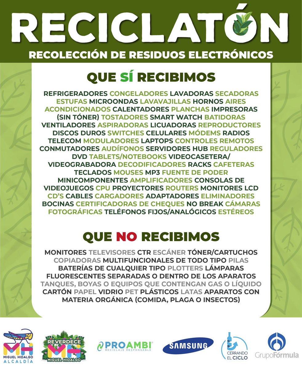 Conoce los artículos que serán recibidos durante el #ReciclatónMH♻️.

Que llega hasta a ti gracias al trabajo conjunto de la <a href="/OlaMHmx/">Servicios Urbanos MH</a> y de Grupo Fórmula.