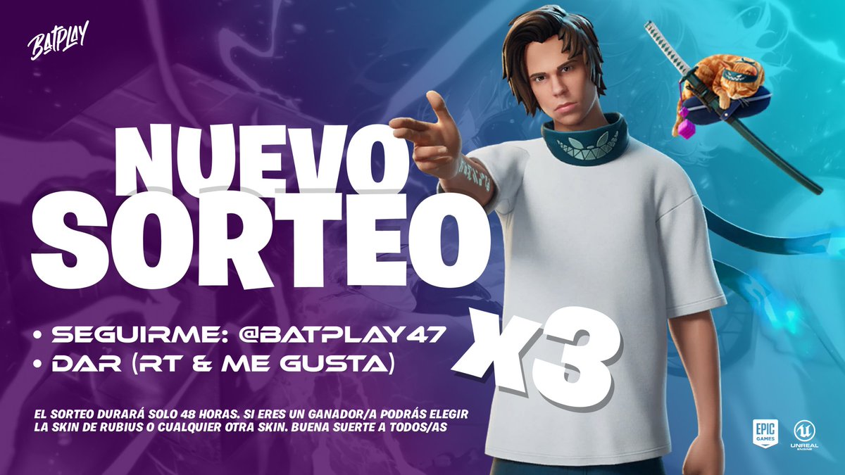 🎁 SORTEO X3 SKINS DE RUBIUS

✅ Seguirme: <a href="/BATPLAY47/">BATPLAY</a>
🤍 Dar (RT &amp; Me Gusta)

📆 El Sorteo Durará solo 48 horas. Si eres un ganador/a podrás elegir la skin de Rubius o cualquier otra skin. Buena suerte a todos/as #Fortnite
