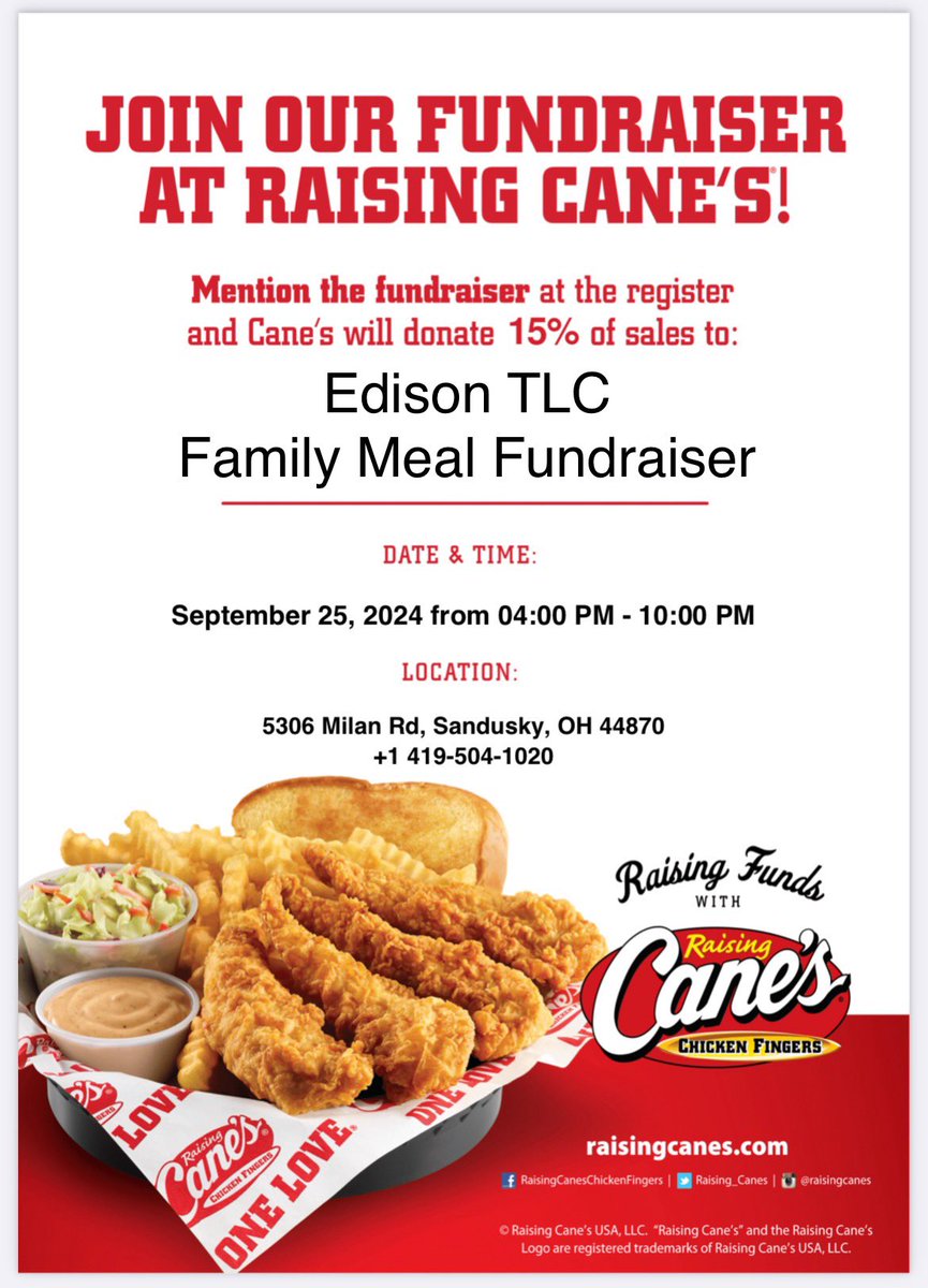 EdisonTLC's tweet image. ‼️TODAY’S THE DAY‼️

Get to Cane’s 🐔 between 4-10pm and mention Edison TLC to help us raise money for various service projects! 

⚡️💙💪🌎🐔
