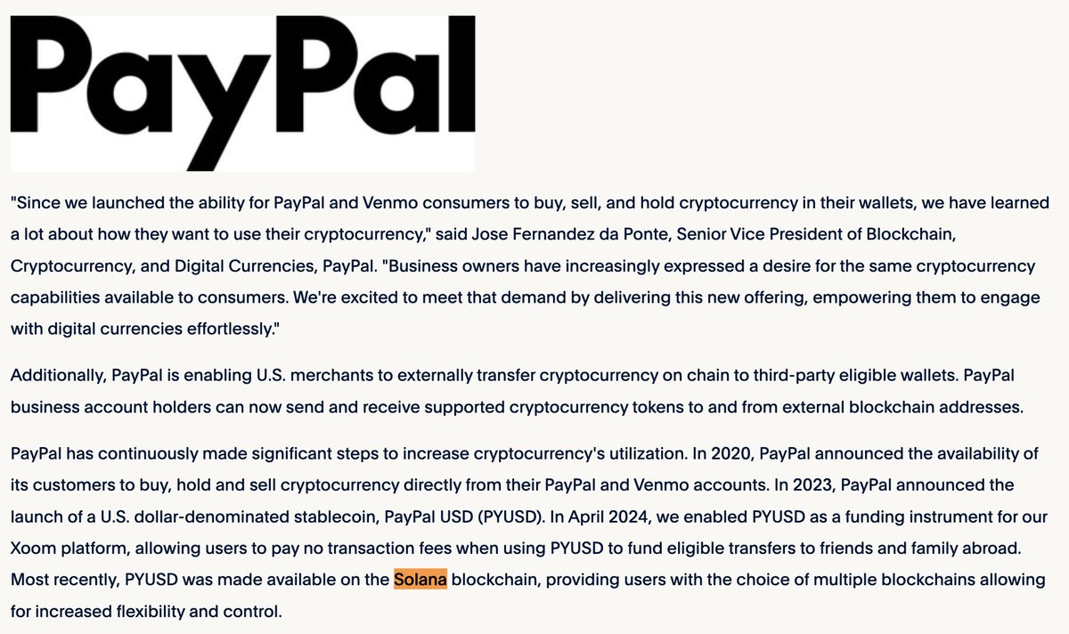 BREAKING: @PayPal ENABLES U.S. BUSINESS ACCOUNTS TO BUY, HOLD, AND SELL  CRYPTOCURRENCY - MENTIONS SOLANA-BASED $PYUSD STABLECOIN IN THE ANNOUNCEMENT