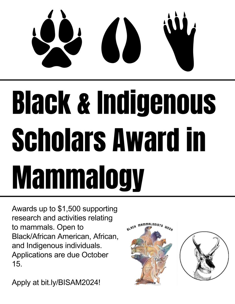 Black Mammalogists Week (@blkmammalogists) on Twitter photo Do you want up to $1500 for research or science communication or training on mammals? check out our <a href="/Mammalogists/">Am Soc Mammalogists</a>'s Black & Indigenous Scholars Award!
Due October 15th!! mammalsociety.org/form/black-ind… Do you want up to $1500 for research or science communication or training on mammals? check out our <a href="/Mammalogists/">Am Soc Mammalogists</a>'s Black & Indigenous Scholars Award!
Due October 15th!! mammalsociety.org/form/black-ind…
