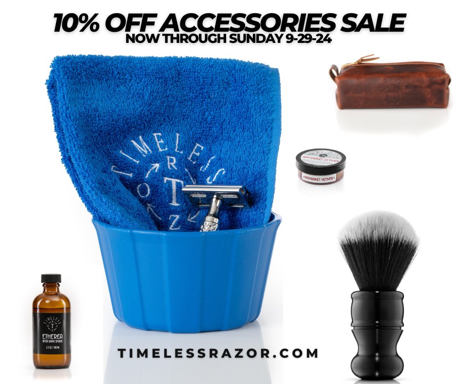 Timeless Razor has a 10% off Sale on all shaving accessories now through Sunday 9-29-24.  Get your gear in time to look good for October. 
Timelessrazor.com