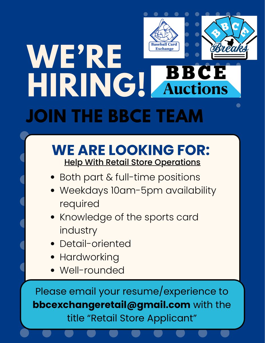 BBCExchange's tweet photo. BBCE IS LOOKING TO HIRE! 

BBBCE is looking to hire for the retail store operations. 

We look forward to hearing from you! https://t.co/htS3DJcvRO