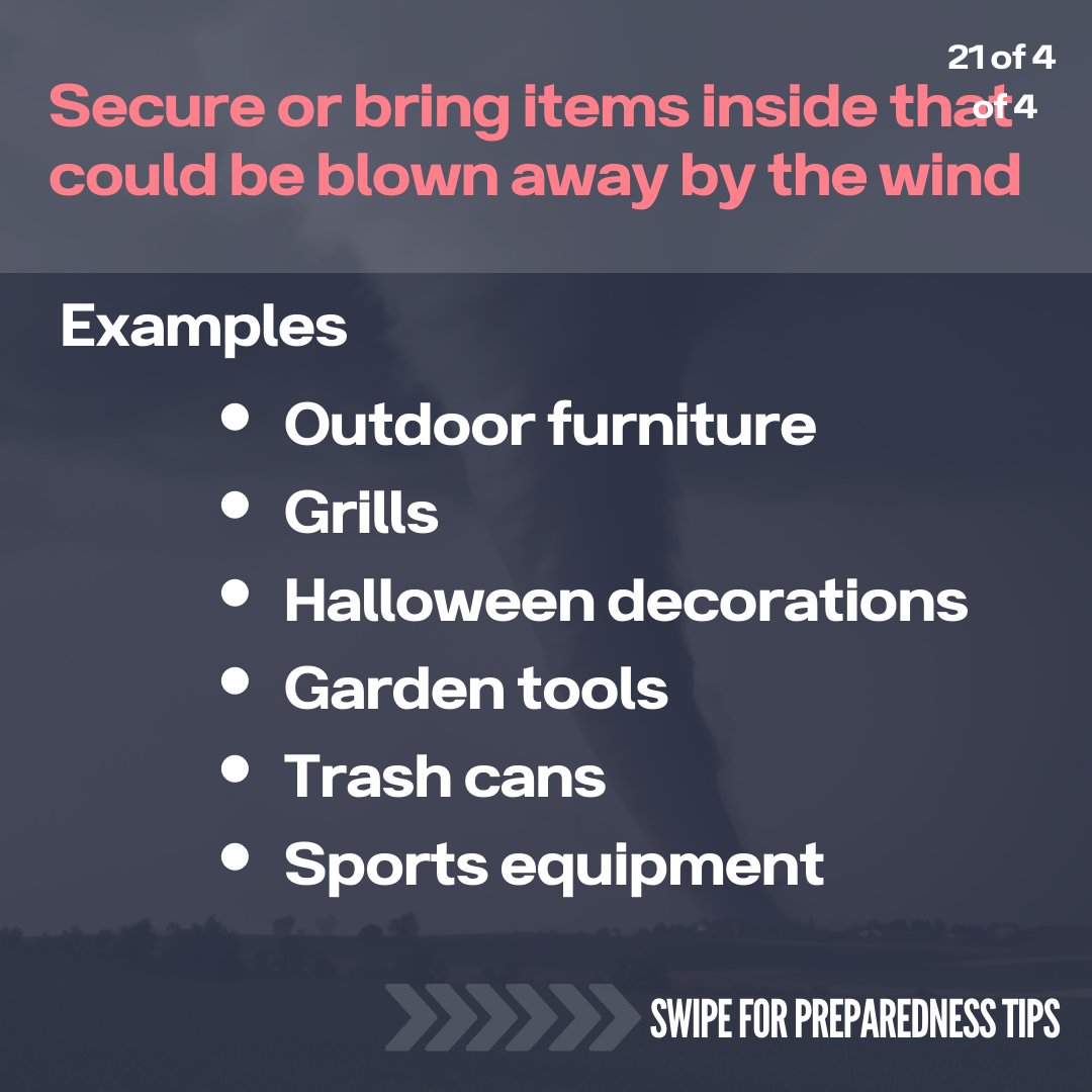 ChathamEMA's tweet photo. Hurricane Helene Alert Tornadoes possible tomorrow! Prepare NOW:
🎃 Secure outdoor items (furniture, Halloween decor, tools, etc.)
🌪️ Identify a safe room (interior, no windows)
🔋 Prep for power outages: stock food/water, charge devices, have flashlights &amp; emergency kit ready. https://t.co/aRItLTHbsW