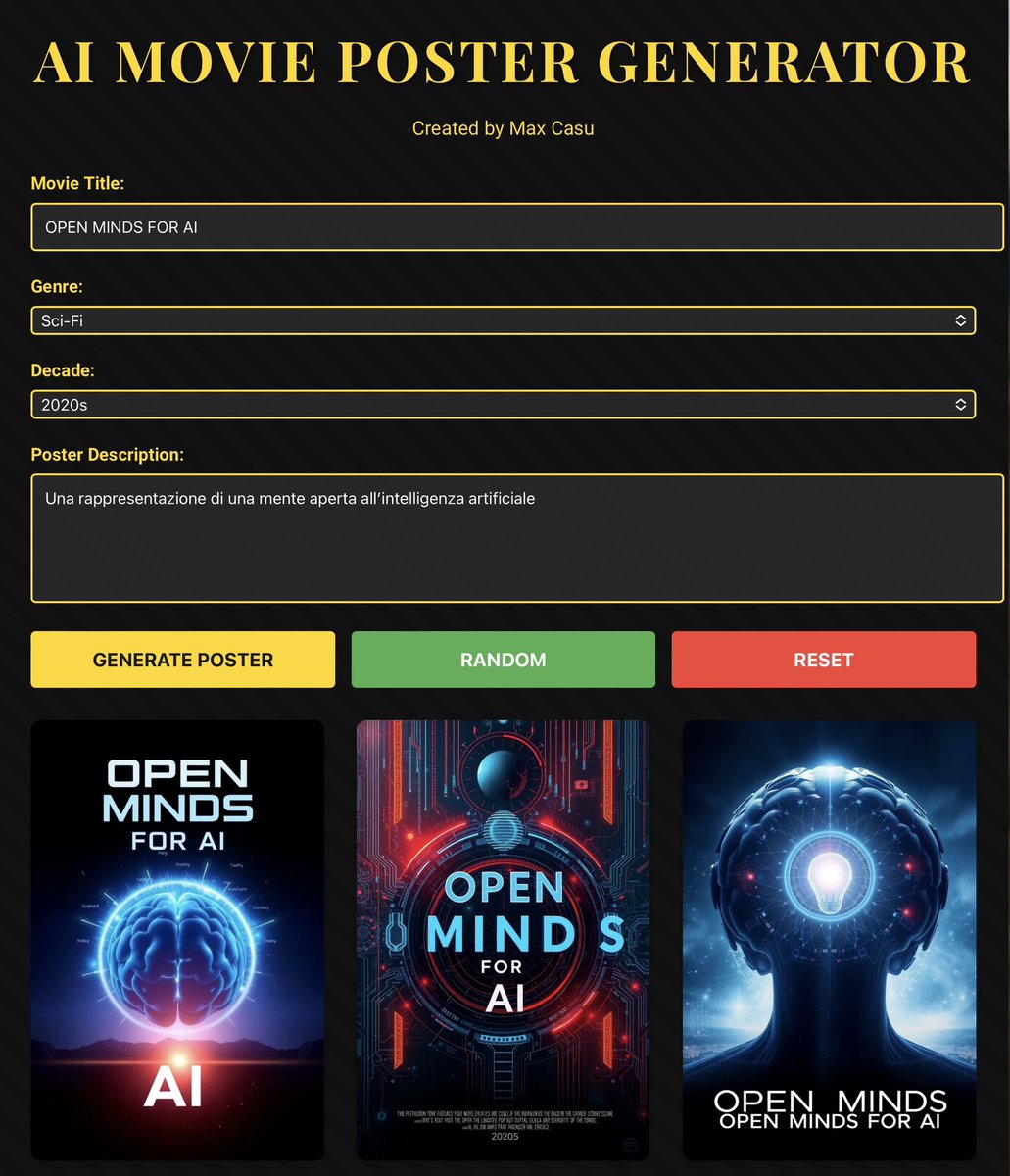 MaxCasu's tweet image. My new “AI MOVIE POSTER GENERATOR” made with @websim_ai 🤩 websim.ai/c/zC27a9TIGico…
#websim #movie #movieposter #ai #aimovieposter #aishare