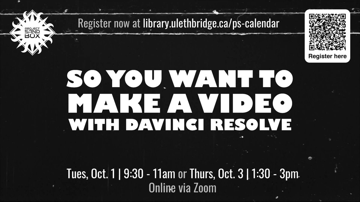ulethlibrary's tweet image. &quot;So you want to make a video with DaVinci Resolve&quot; Online Workshops 🎞

🔗Details &amp;amp; registrations:

Tu, Oct 1; 9:30–11am; myexperience.uleth.ca/openEvents.htm…
OR
Th, Oct 3; 1:30–3pm; myexperience.uleth.ca/openEvents.htm…

#ULethbridge #ProjectSandbox @ulethCalgary
