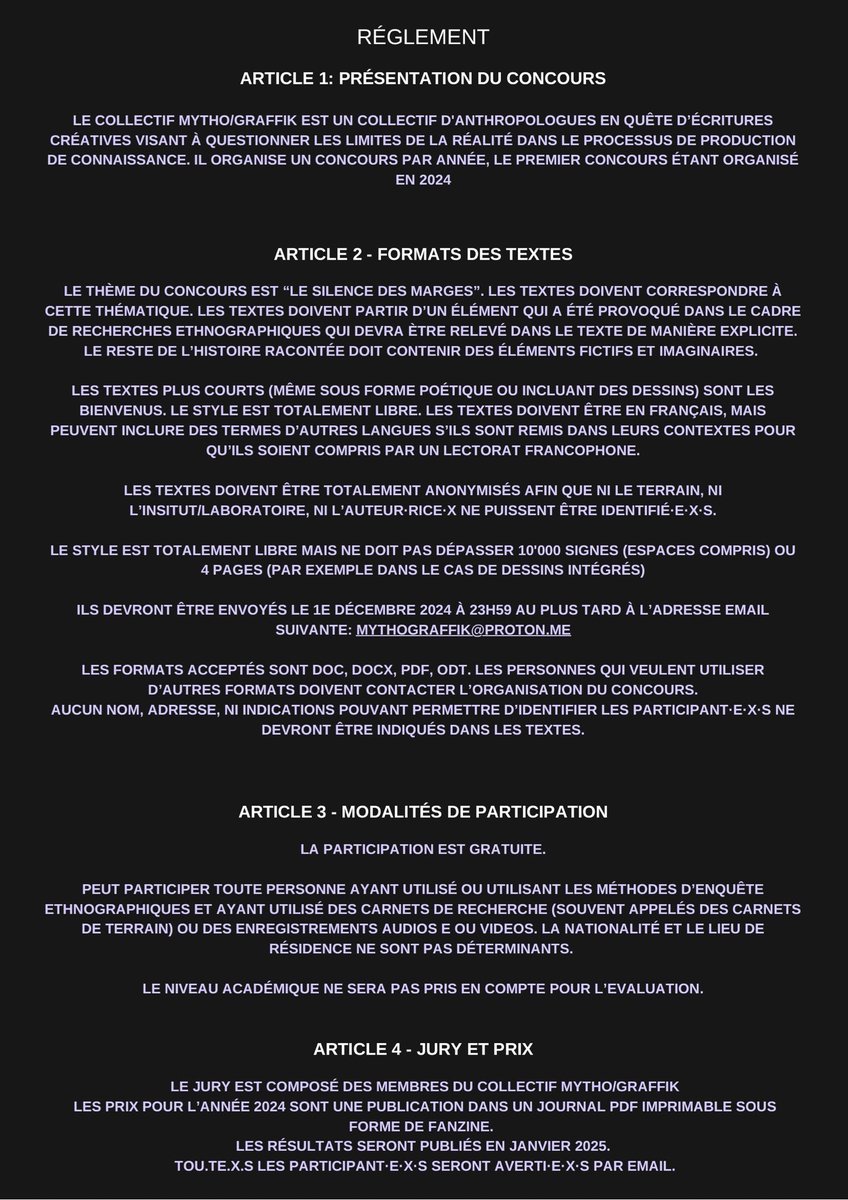 MYTHO/GRAFFIK 
CONCOURS D’ÉCRITURE D’ETHNOGRAPHIE FICTIVE

LAISSEZ-VOUS PORTER PAR LES POUVOIRS GUÉRISSEURS DE LA FICTION!

Délai d’envoi des textes au 1er décembre 2024

@anthr_autres <a href="/MuseeEthnoNeuch/">MEN - Neuchâtel</a> <a href="/mapsunine/">Maison d'analyse des processus sociaux UNINE</a> @unineuchatel @cineclubethno #ethnographie #fiction