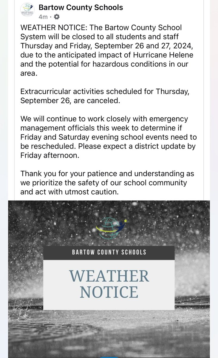 ColonelsCass's tweet photo. We are continuing to plan for Friday’s afterschool activities including the Homecoming football game and our Homecoming dance on Saturday. We will continue to work with Bartow County Schools and keep you updated accordingly. https://t.co/BZfr0kuYPi