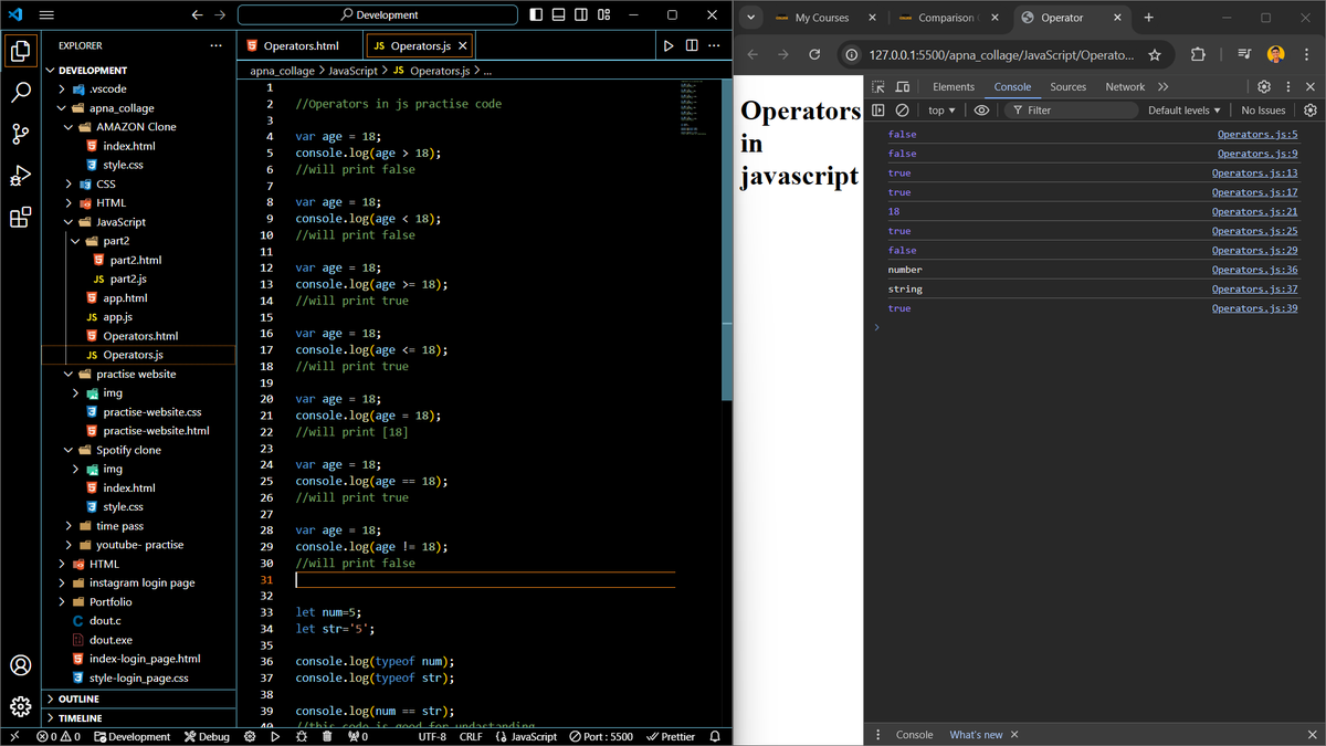 hritik_shingare's tweet photo. Day 42 of #100DaysOfCodeDiving into Comparison Operators in #JavaScript today!
Key takeaways:
== compares values (type coercion)
=== compares both value & type (no coercion) Example: JS
5 == '5' // true
5 === '5' // false
Mastering these helps avoid bugs!
#JavaScript https://t.co/HhKmYKBx5Q