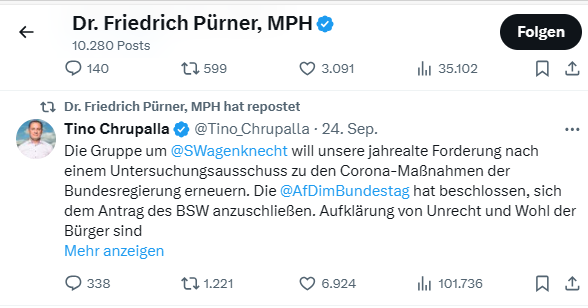 WagenWatch's tweet photo. Der BSW-Europaabgeordnete Pürner redet im Gespräch mit der @welt von einem "Regierungsauftrag" für Höcke und repostet am gleichen Tag einen Tweet des AfD-Chefs Chrupalla. So viel liebevolle Aufmerksamkeit wie von BSW hat die AfD wohl noch von keiner anderen Partei erhalten. https://t.co/Zmx6vZIht4