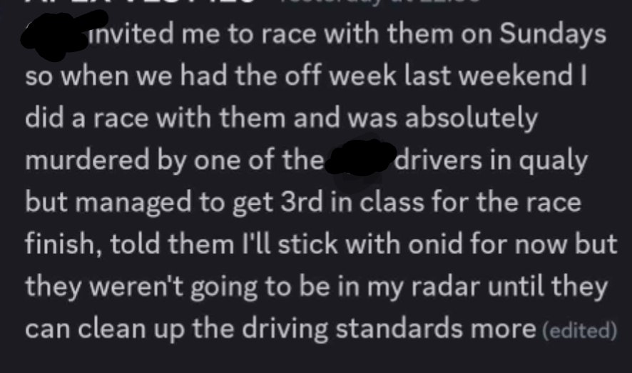 Jonny Ashley (@onidjonnyash) on Twitter photo I find it absolutely pathetic that so called "Sim Racing" communities can claim we are all one community and then try and poach drivers from other communities.
Luckily I have some very loyal drivers <a href="/onid_racing/">oNiD Racing</a> who stick with us no matter what !! I find it absolutely pathetic that so called "Sim Racing" communities can claim we are all one community and then try and poach drivers from other communities.
Luckily I have some very loyal drivers <a href="/onid_racing/">oNiD Racing</a> who stick with us no matter what !!