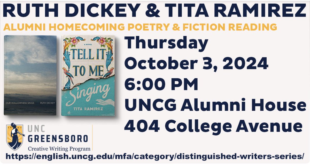 UNCG Creative Writing (@mfagreensboro) on Twitter photo Join us this Thursday (10/3) at 6PM in the <a href="/UNCG/">UNCG</a> Alumni House for a poetry & fiction reading by <a href="/UNCG/">UNCG</a> Creative Writing Program alums Ruth Dickey and Tita Ramirez english.uncg.edu/mfa/ruth-dicke… <a href="/mfagreensboro/">UNCG Creative Writing</a> <a href="/UNCG_ENG/">UNCG English Department</a> <a href="/UNCG_CAS/">UNCG College of Arts & Sciences</a> <a href="/UNCGAlumni/">UNCG Alumni</a> #UNCGEnglish #UNCG #UNCGWay #FindYourWayHere Join us this Thursday (10/3) at 6PM in the <a href="/UNCG/">UNCG</a> Alumni House for a poetry & fiction reading by <a href="/UNCG/">UNCG</a> Creative Writing Program alums Ruth Dickey and Tita Ramirez english.uncg.edu/mfa/ruth-dicke… <a href="/mfagreensboro/">UNCG Creative Writing</a> <a href="/UNCG_ENG/">UNCG English Department</a> <a href="/UNCG_CAS/">UNCG College of Arts & Sciences</a> <a href="/UNCGAlumni/">UNCG Alumni</a> #UNCGEnglish #UNCG #UNCGWay #FindYourWayHere