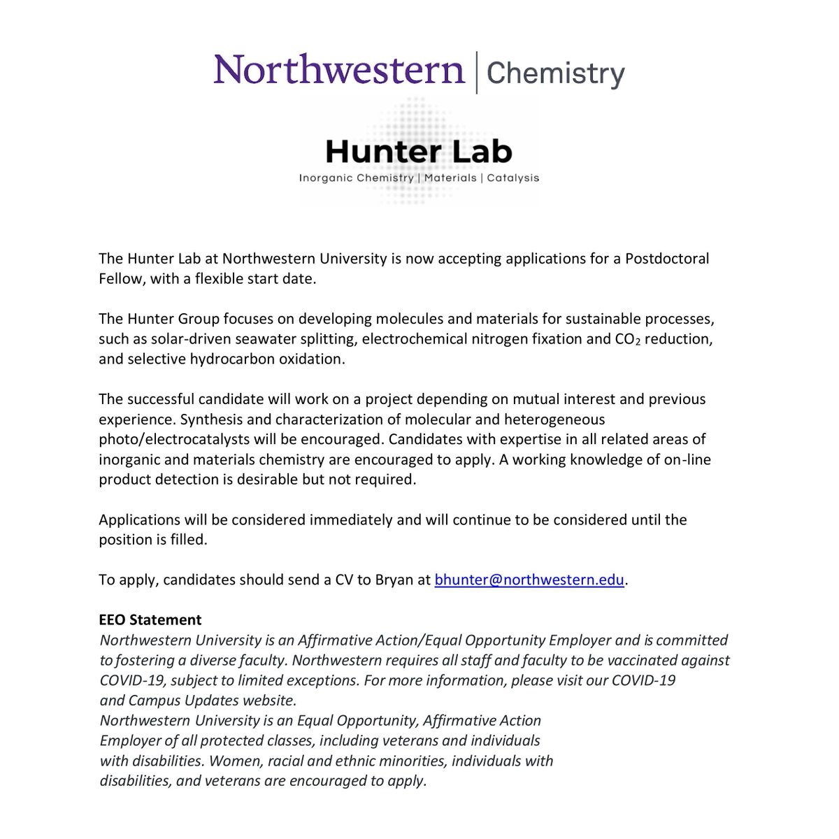 Hunter Lab (@hunterlabnu) on Twitter photo The Hunter Lab at Northwestern University is looking to hire a new postdoc! Please share this opportunity with any qualified candidates and email a CV to Bryan to apply.
<a href="/Chemjobber/">Chemjobber</a> #chempostdoc The Hunter Lab at Northwestern University is looking to hire a new postdoc! Please share this opportunity with any qualified candidates and email a CV to Bryan to apply.
<a href="/Chemjobber/">Chemjobber</a> #chempostdoc