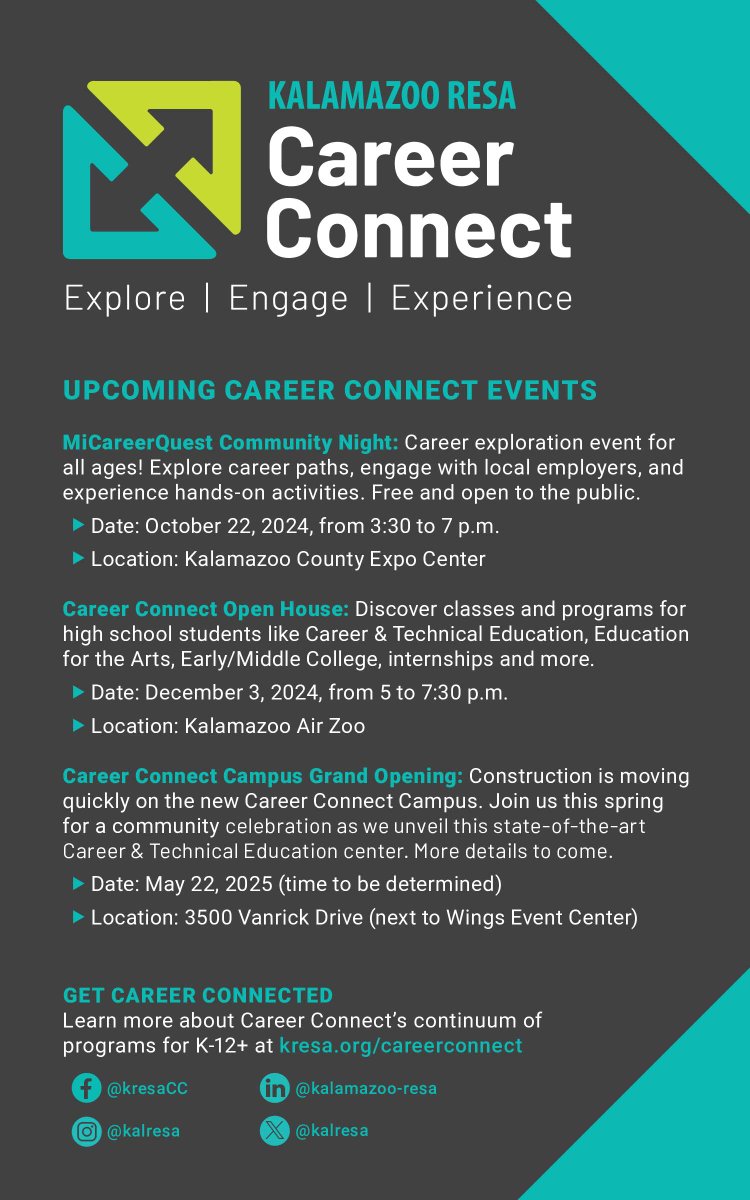 KalRESA's tweet photo. SAVE THE DATES! KalamazooRESA Career Connect has an exciting year planned. Mark your calendars for these upcoming events! 
#KRESA #GetCareerConnected #ExploreEngageExperience https://t.co/dEG0nVyHV2