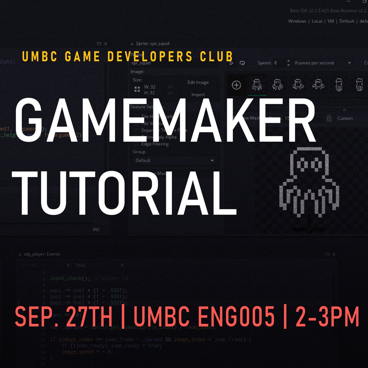 Come join us for our first tutorial of the semester! Scott Serafin (<a href="/IcyPenguin28/">IcyPenguin_</a>) will be hosting a Gamemaker tutorial this Friday from 2-3PM in Engineering 005.
#umbc #GameDevelopment