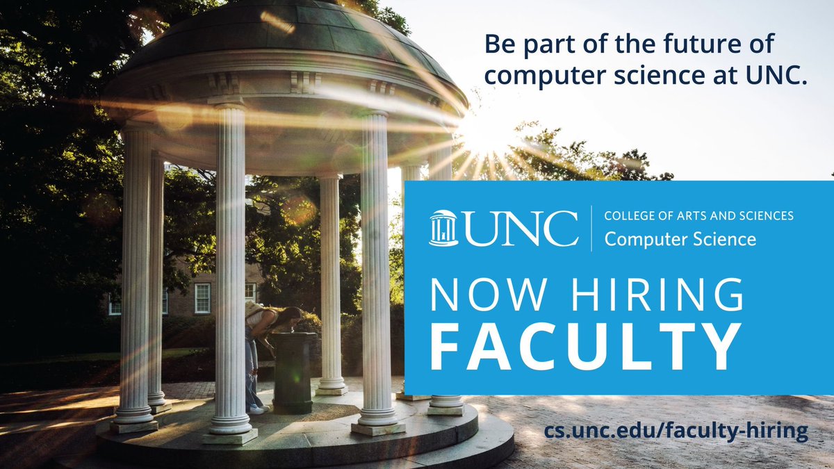 APPLY: TENURE-TRACK/TEACHING FACULTY. Research areas include but not limited to: ML, NLP, vision, graphics, systems, bioinformatics, security, medical imaging, robotics, RT systems, AR/VR. Join our team—committed to research, teaching, and collaboration.
➡️cs.unc.edu/faculty-hiring/