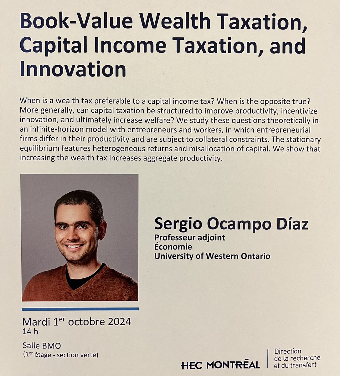 HEC Montréal-Économie appliquée/Applied Economics (@ecoahec) on Twitter photo Nous sommes ravis d'accueillir Professeur Sergio Ocampo (<a href="/socampdi/">Sergio Ocampo Díaz</a>) de <a href="/WesternU/">Western University</a> en tant que conférencier invité lors de notre prochain séminaire le 1er octobre. Professeur Ocampo présentera sa recherche "Book-Value Wealth Taxation, Capital Income Taxation, and Innovation." Nous sommes ravis d'accueillir Professeur Sergio Ocampo (<a href="/socampdi/">Sergio Ocampo Díaz</a>) de <a href="/WesternU/">Western University</a> en tant que conférencier invité lors de notre prochain séminaire le 1er octobre. Professeur Ocampo présentera sa recherche "Book-Value Wealth Taxation, Capital Income Taxation, and Innovation."