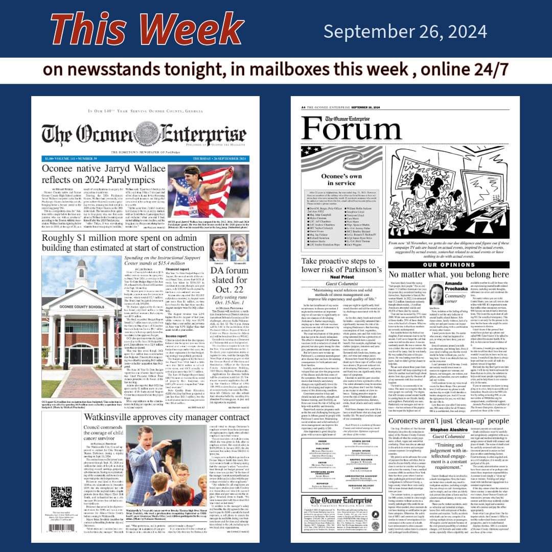 Be sure to make plans to read this week's edition of The Oconee Enterprise! Get the e-edition 24/7 at OconeeEnterprise.com where you can subscribe for digital or print delivery.