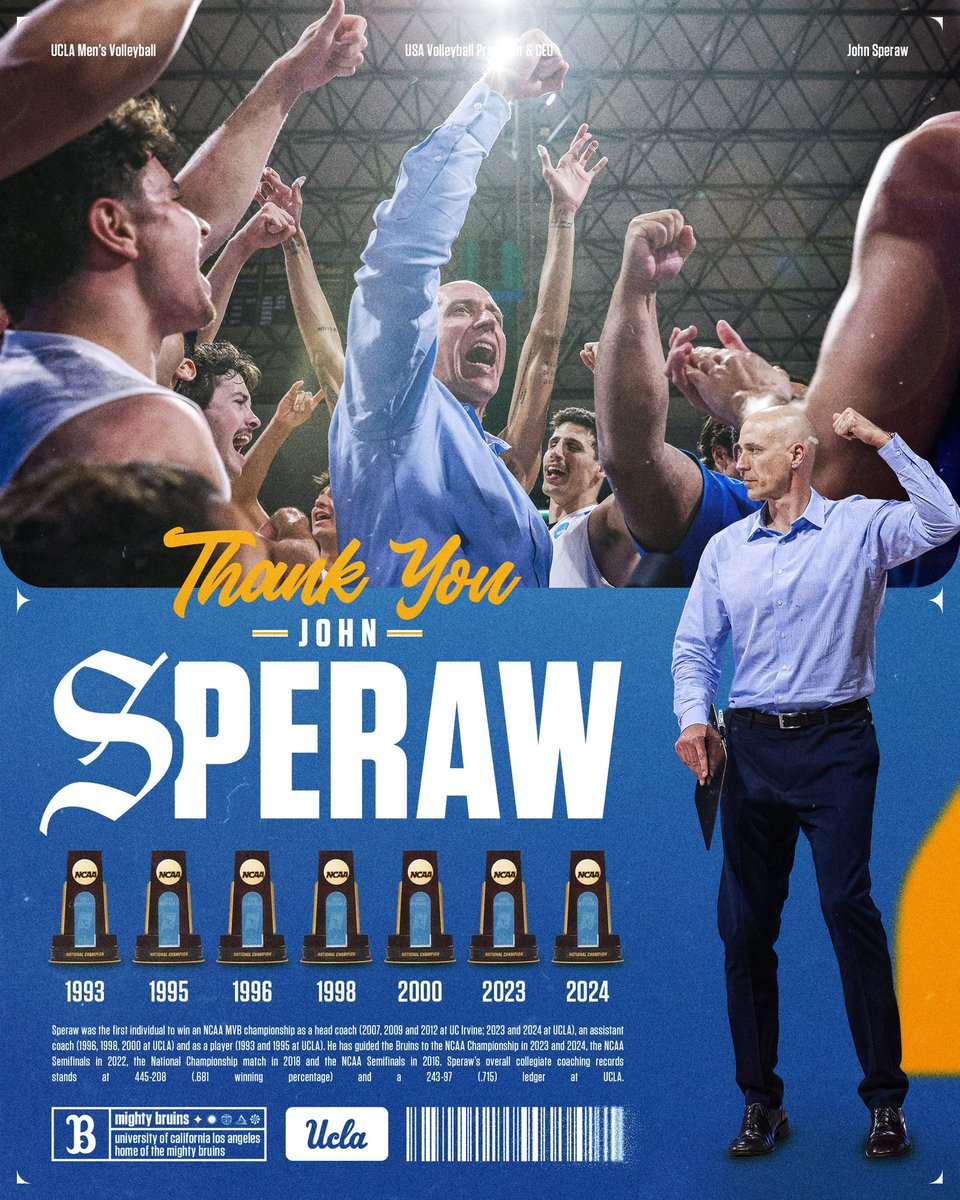Thank you, <a href="/JohnSperaw/">John Speraw</a>.

After winning seven National Championships as a coach and player at UCLA, head coach John Speraw is departing Westwood to become the President &amp; CEO of USA Volleyball. 

📰: ucla.in/3XX8YCj

#GoBruins