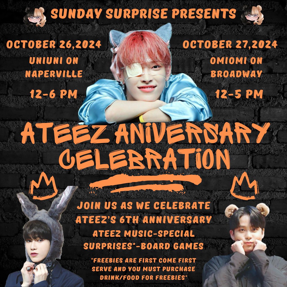 Happy Fall Cuties Pies!!!🧡❤️💛
This October, in CHICAGO we celebrate the kpop group: ATEEZ’s 6th ANNIVERSARY by hosting a Ateez party!!!
There will be:
-Small kpop vendors
-sweet treats
- board games
-much more!!!
Stay tuned for more updates in the event!!🎃