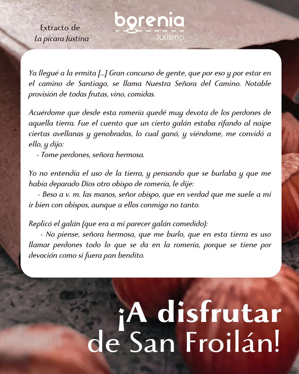 BoreniaTurismo's tweet photo. Mañana comienzan las fiestas de San Froilán y seguro que comemos todos unas bolsas de avellanas. Y ¿por qué lo de "perdones"?
#sanfroilan #perdones #avellanas #tradiciones #romeria #fiestas #leonesp #estoesleon #leonlotienescerca #conoceleon https://t.co/wtSyQF7Dt2