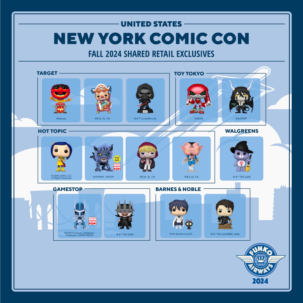 Funko's tweet photo. Attention Funko Airways passengers! For those seeking shared NYCC exclusive collectibles at their local North American retailers, the board is now updated with the shared retailer maps. #Funko #NYCC #FunkoAirways https://t.co/TsUNRQzGMt