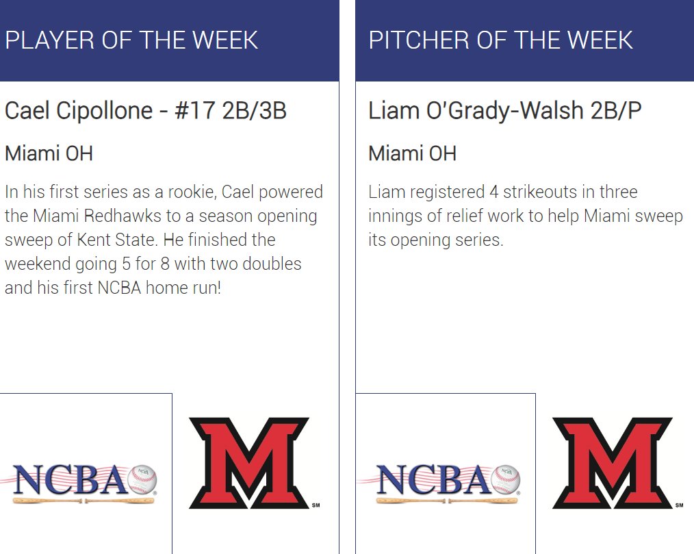 The_NCBA's tweet image. Congratulations to Cael Cipollone &amp;amp; Liam O'Grady-Walsh of @MiamiUCB for earning Week 2 NCBA DI National Player &amp;amp; Pitcher of the Week Honors!    

clubbaseball.org