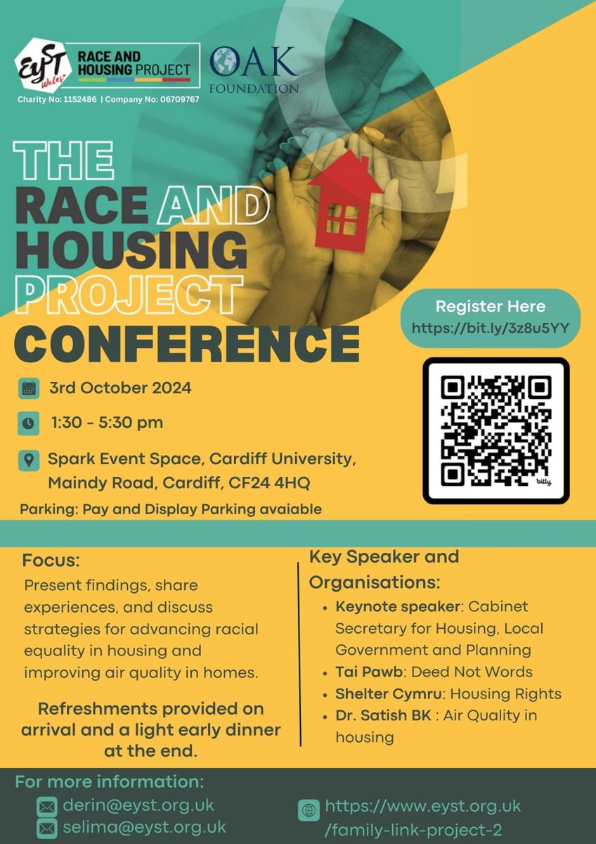 Registration is still open for our upcoming conference, where we will present key findings on #Housing #inequalities experienced by ethnic minority communities in #Wales. 
Please register here forms.office.com/e/GD7MVygC9r  share with your networks &amp; clients.
#EYSTRaceAndHousingConf24