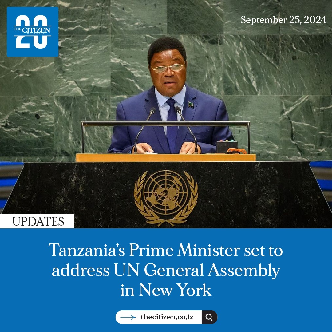 TheCitizenTz's tweet photo. Prime Minister, Kassim Majaliwa, is set to present the country’s statement at the ongoing United Nations General Assembly (#UNGA) on September 27, 2024.

This event will be the second time a Tanzanian Prime Minister has addressed the Assembly, with the first being former Prime Minister Mizengo Pinda, who spoke during #UNGA65 on the same date in 2010.

The Premier who is representing President Samia Suluhu Hassan is participating in the 79th session of the General Assembly, alongside various Heads of State and other high-level government officials.

The session was officially opened by UN Secretary-General António Guterres and will run until September 30, 2024.

#TheCitizenUpdates