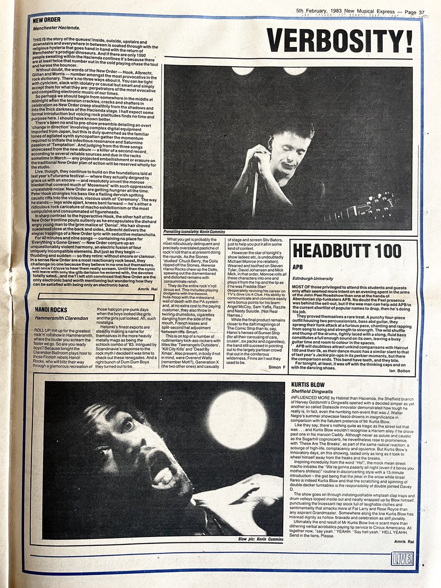 New Order, Kurtis Blow, APB, Hanoi Rocks.
Live reviews by Amrik Rai, Ian Bolton, Simon F.
Photos by Kevin Cummins.
New Musical Express, 5 February 1983.
<a href="/KCMANC/">Kevin Cummins</a> <a href="/peterhook/">Peter Hook</a>