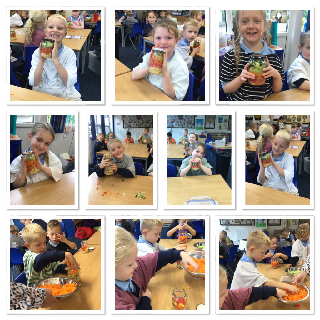 CCCRPrimary's tweet photo. DT in year 2 making a healthy salad jar. We have grated, cut vegetables up with a knife and even used a ribbon technique with the cucumber. #cccrdt https://t.co/ESbhTUUkNw