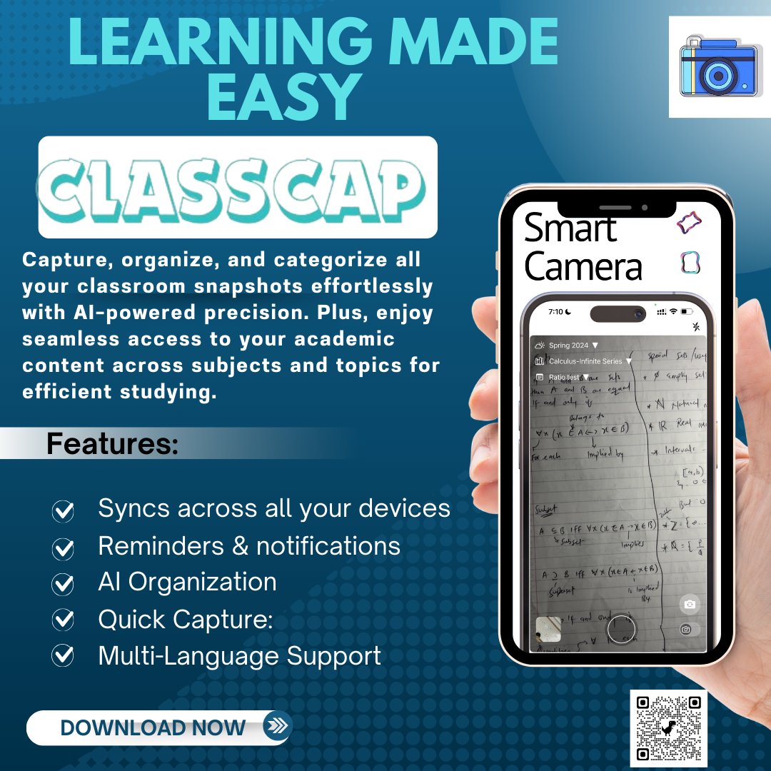 ClassC5762's tweet image. Learning made easy with ClassCap! Capture, organize, and categorize your classroom snapshots with AI precision. Access your academic content seamlessly across devices and study efficiently.

Download now and simplify your studies!

#ClassCap #StudySmart #AcademicSuccess