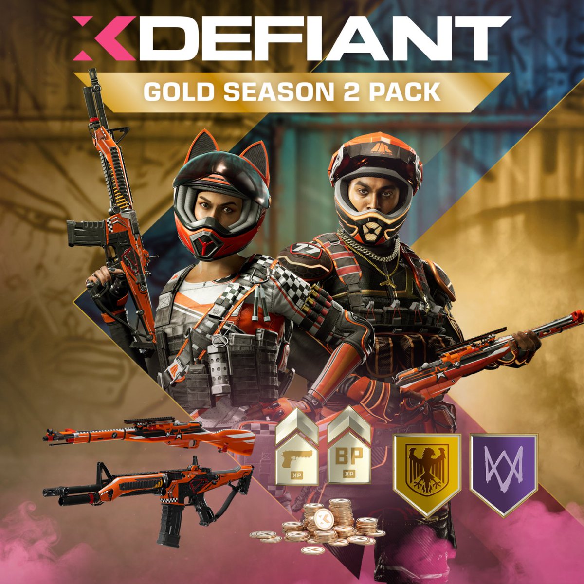 PlayXDefiant's tweet photo. Make this season GOLDEN with the Season 2 Gold pack! This pack unlocks the Highwaymen and GS Kommando factions and is packed with skins, premium battle pass access, XCoins and more. Be sure to get yours before it's gone! 

https://t.co/Zg1ufrslnx https://t.co/80UeAK1hNn