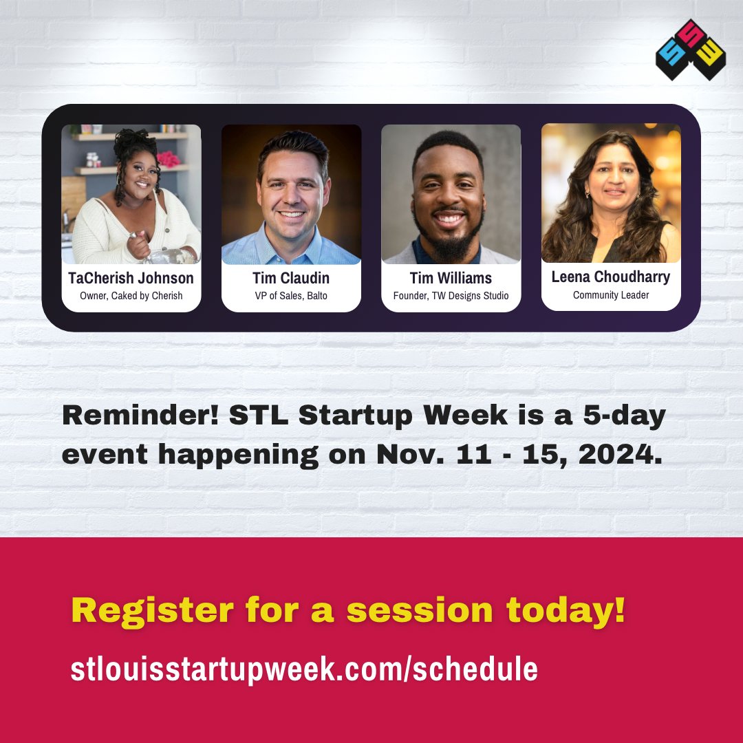 STLStartupWeek's tweet photo. ๐จ Meet the STL Startup Week 2024 speakers! ๐จ
These speakers represent a diverse group of leaders across industries who are ready to help you venture boldly in your entrepreneurial journey.
๐ Register now:
#STLStartupWeek #stlmade https://t.co/Zk0yW6tpGm https://t.co/oyf27Ar3Lh