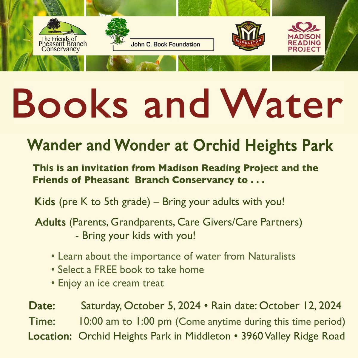 MSNReadingProj's tweet photo. 📖 💧 Join Friends of Pheasant Branch Conservancy and MRP for Books and Water on Saturday, October 5th! Learn about the importance of water, select a free book to take home, and enjoy some ice cream at the beautiful Orchid Heights Park. 🍦  #NewBookFeeling #LiteracyMatters https://t.co/0paMxvoSNE
