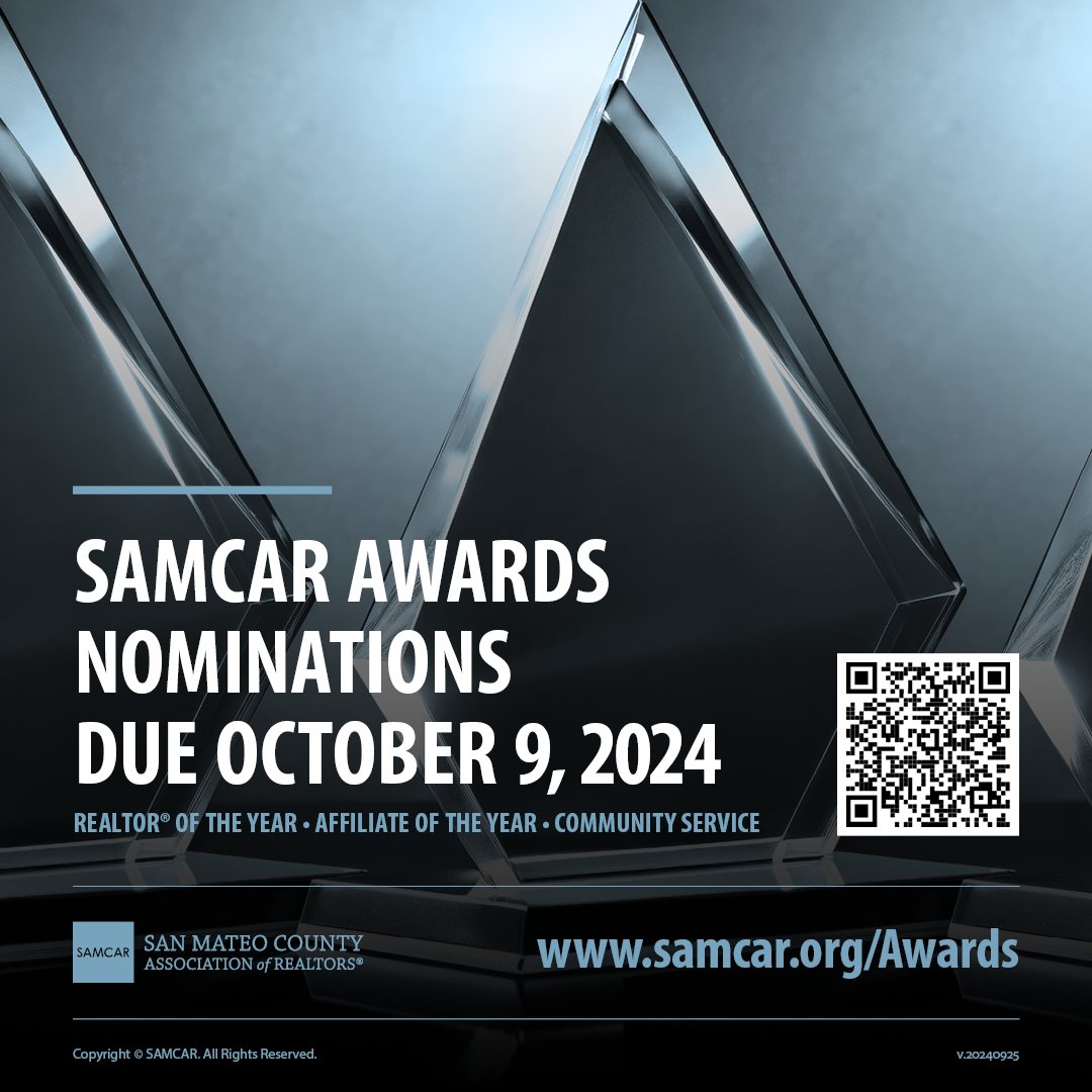 ❗️📢 The deadline to submit nominations for SAMCAR's 2024 Annual Awards is NEXT WEEK! Be sure to submit your nominations for REALTOR® of the Year, Affiliate of the Year, and Community Service by 5:00 PM (PT) Wed., Oct. 9, 2024. Nomination form &amp; criteria: samcar.org/Awards