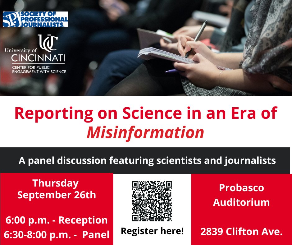 #Cincinnati area reporters - sign up to attend "Reporting on Science in an Era of Misinformation" on September 26 (6-8 p.m.) with panelists including our own Sara Whitlock. docs.google.com/forms/d/e/1FAI… 
@UCEngageScience <a href="/cincyspj/">Cincy SPJ</a> <a href="/OhioBroadcaster/">Ohio Association of Broadcasters</a>